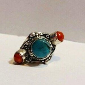 Native American Style Sterling Silver Turquoise and Red Coral Ring size 9-9.5